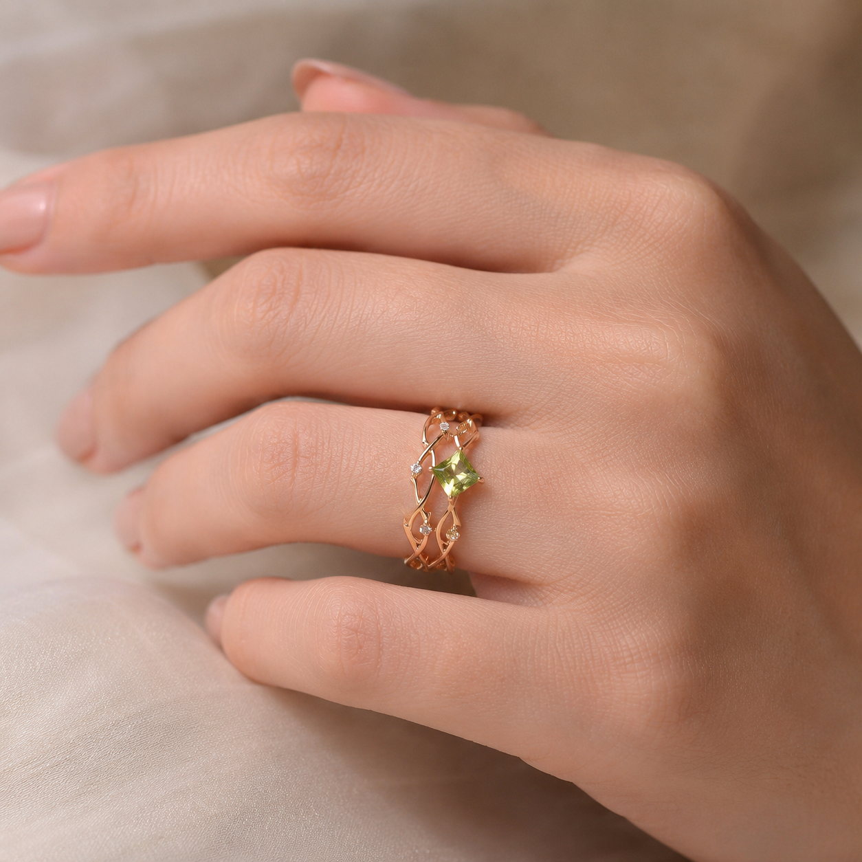 Gold Tone Green CZ Adjustable Ring Set