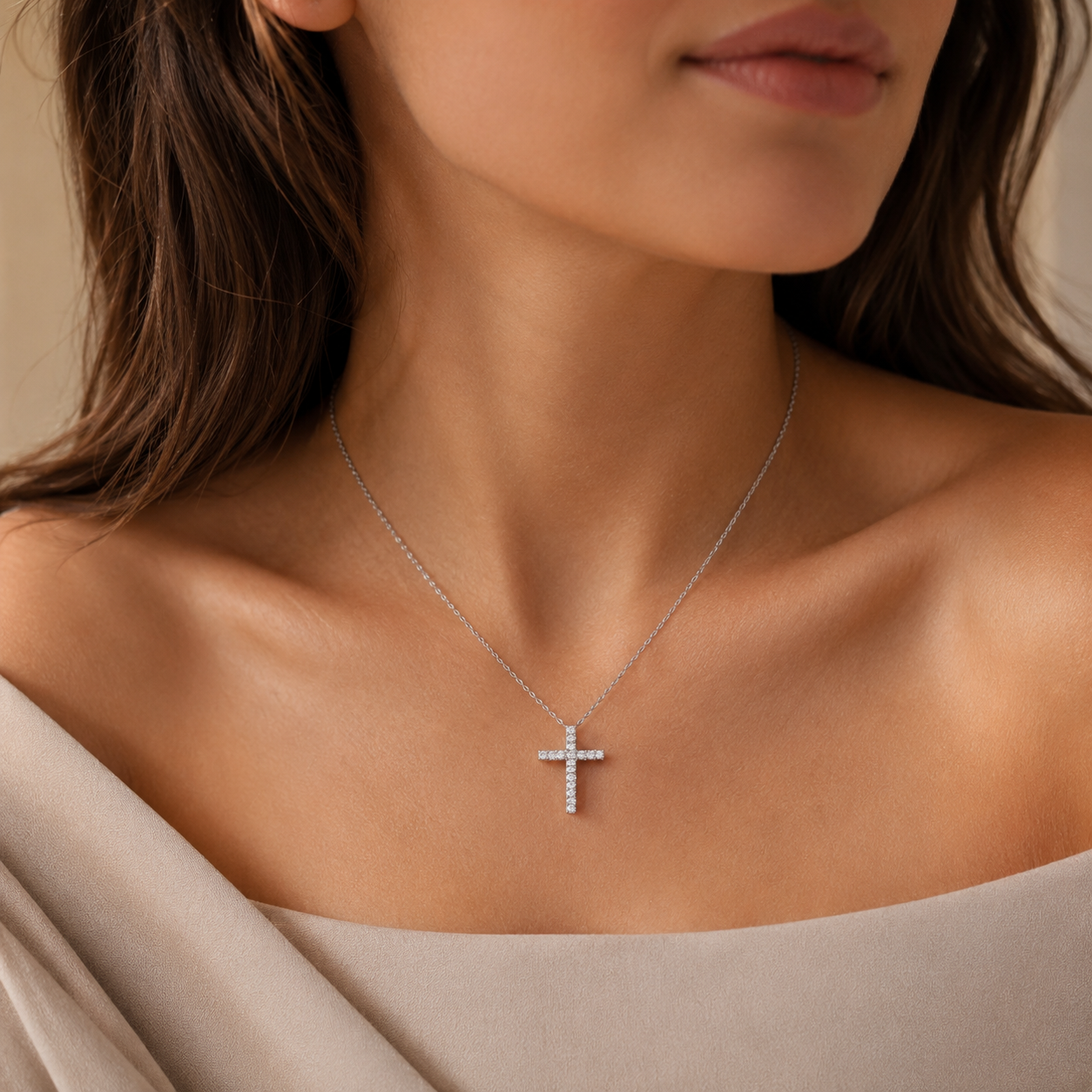 Silver Tone CZ Cross Pendant Necklace