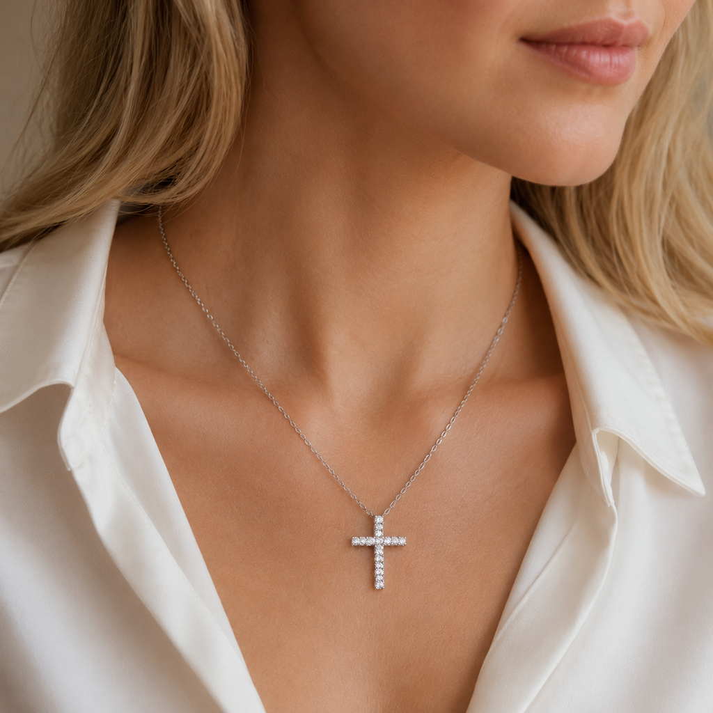 Silver Tone CZ Cross Pendant Necklace