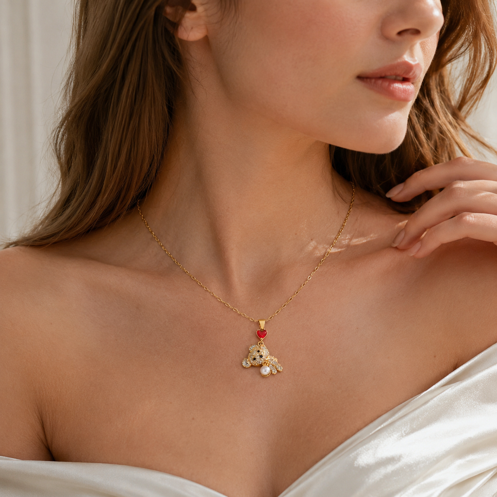 Gold Tone CZ Little Bear Pendant Necklace