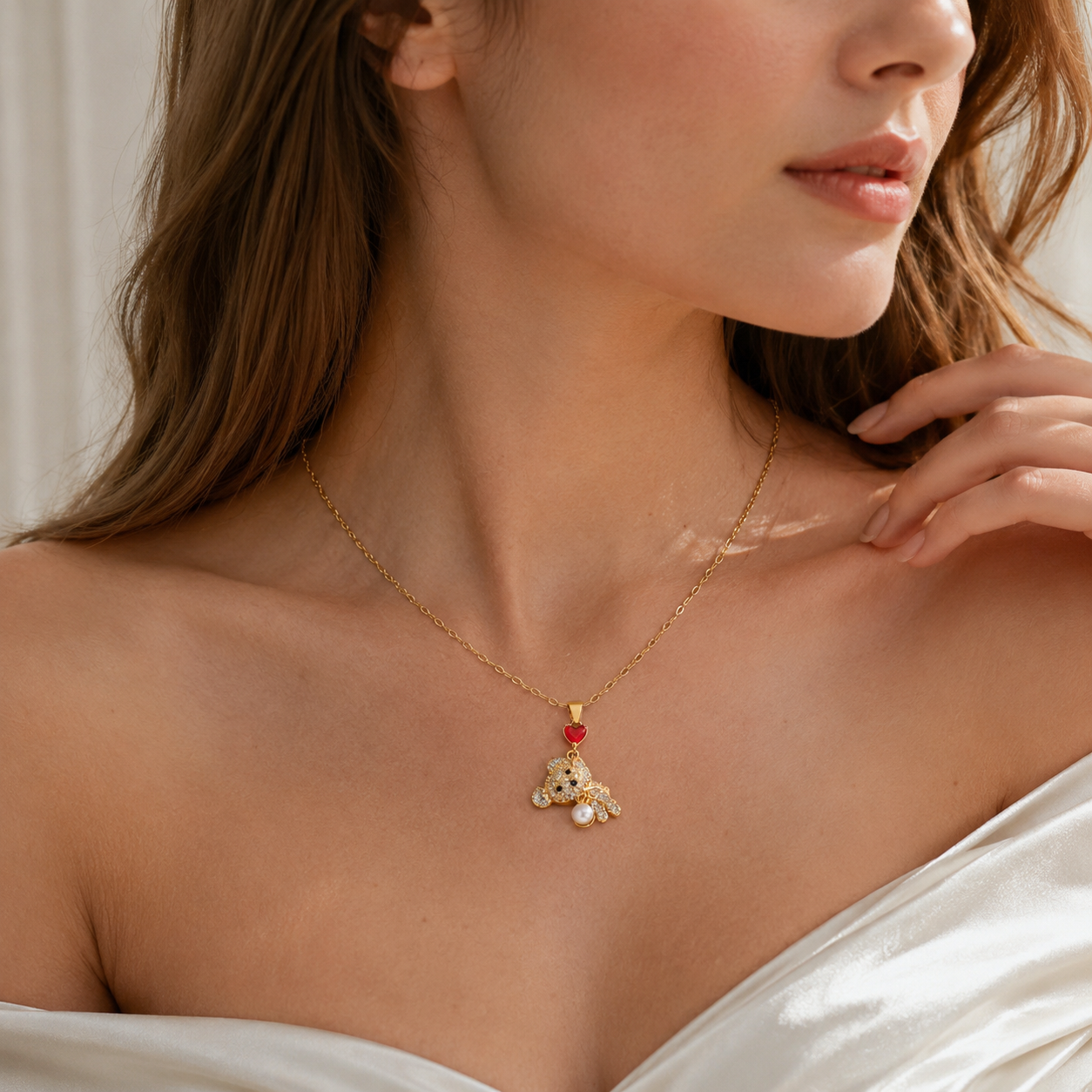 Gold Tone CZ Little Bear Pendant Necklace