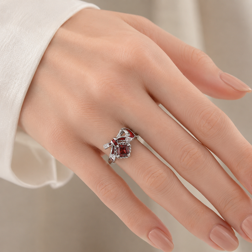Silver Tone Red CZ Bow Adjustable Open Ring