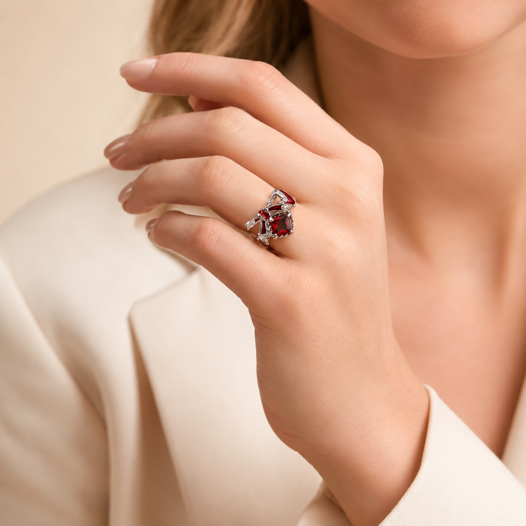 Silver Tone Red CZ Bow Adjustable Open Ring