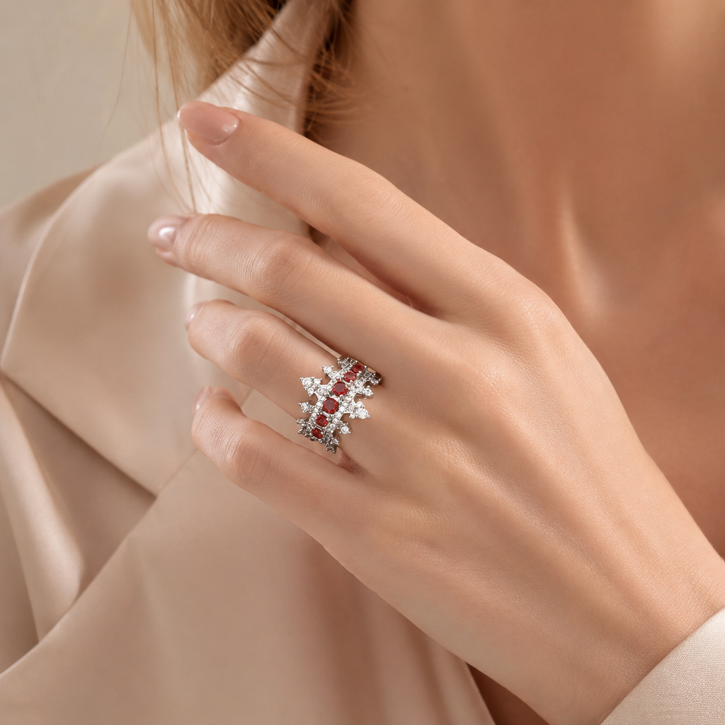 Silver Tone Red CZ Crown Adjustable Open Ring