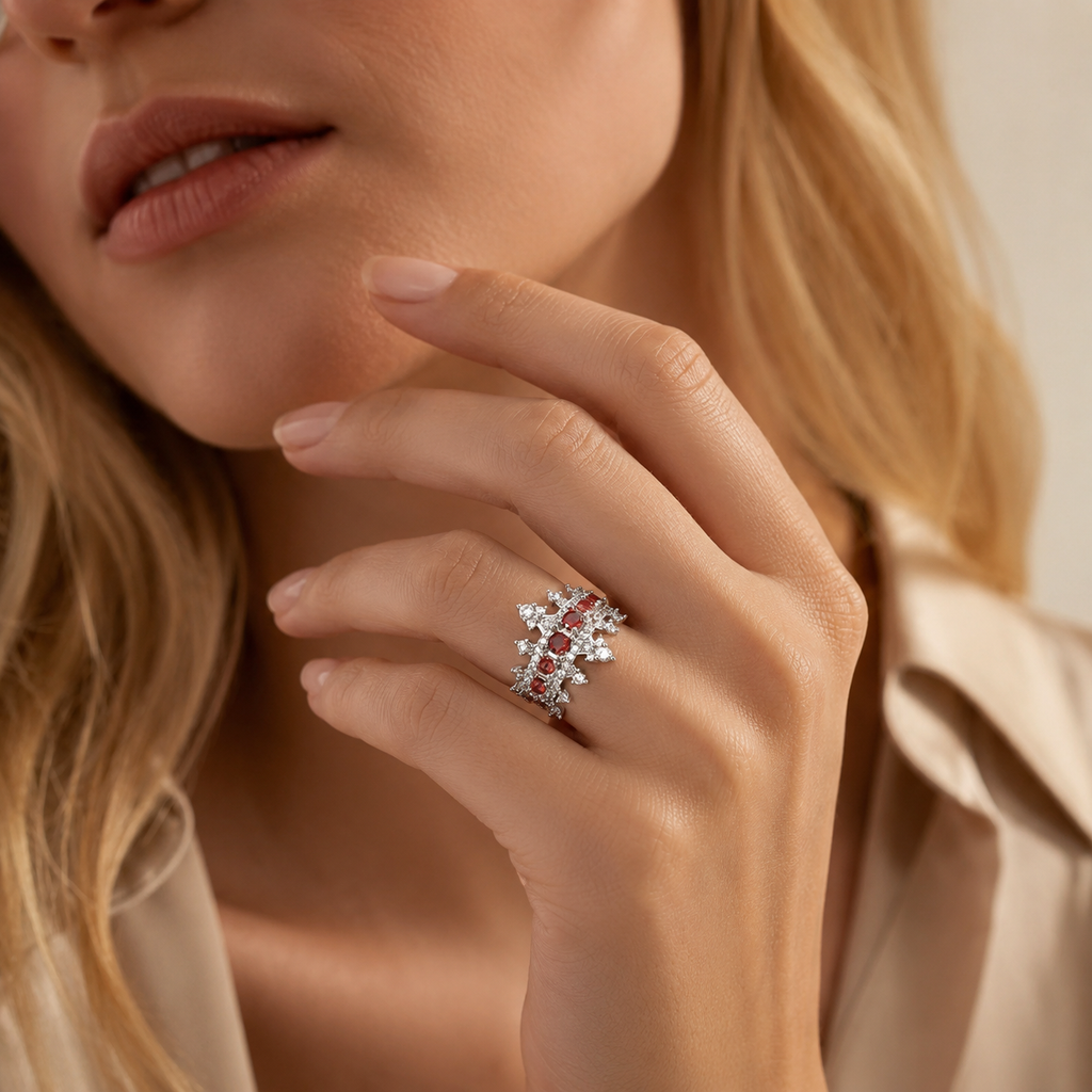 Silver Tone Red CZ Crown Adjustable Open Ring