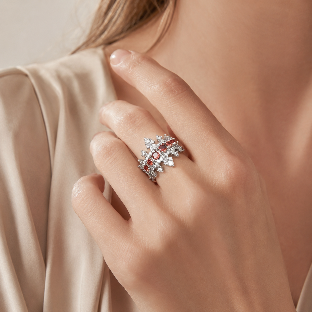 Silver Tone Red CZ Crown Adjustable Open Ring