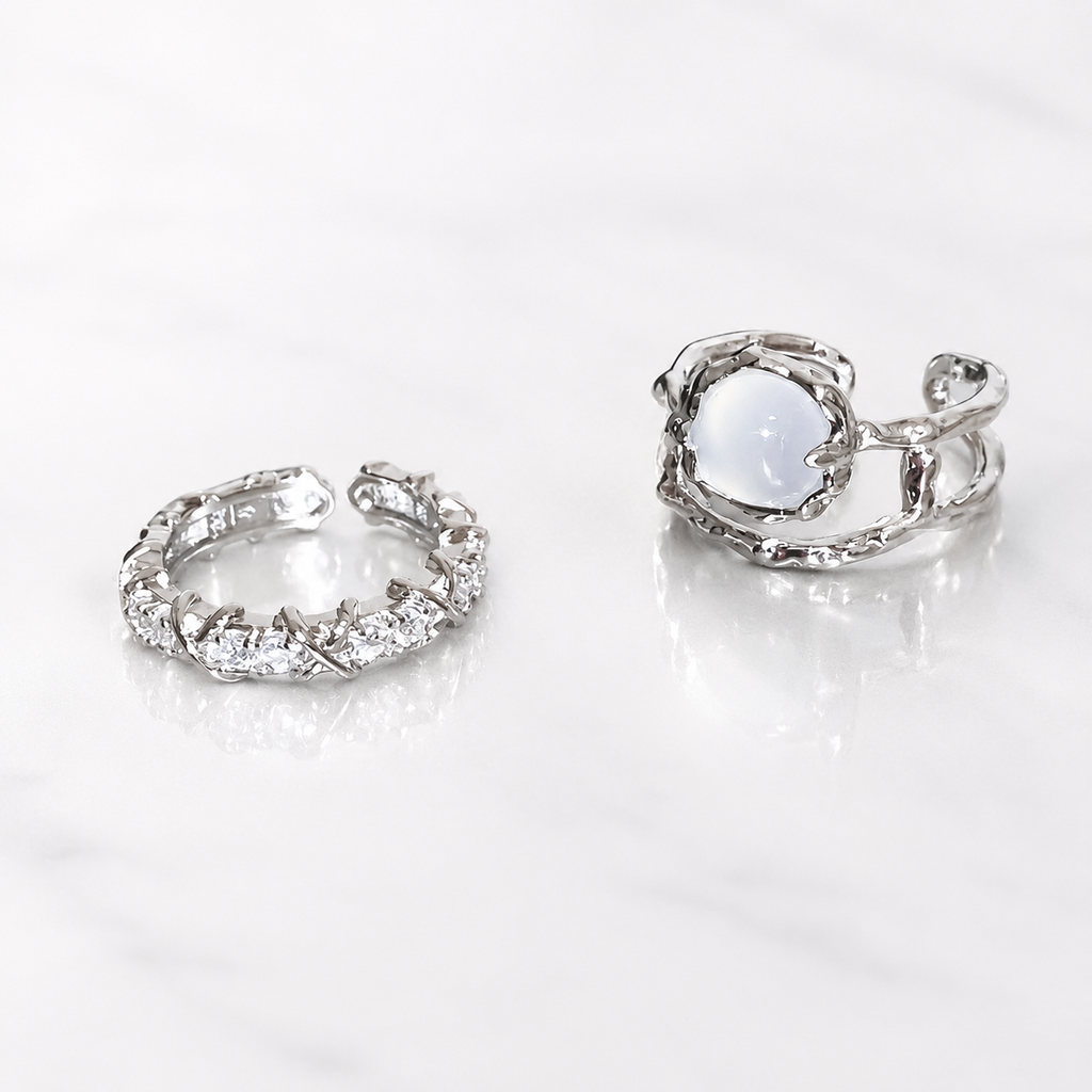 Silver Tone Moonstone Adjustable Ring Set