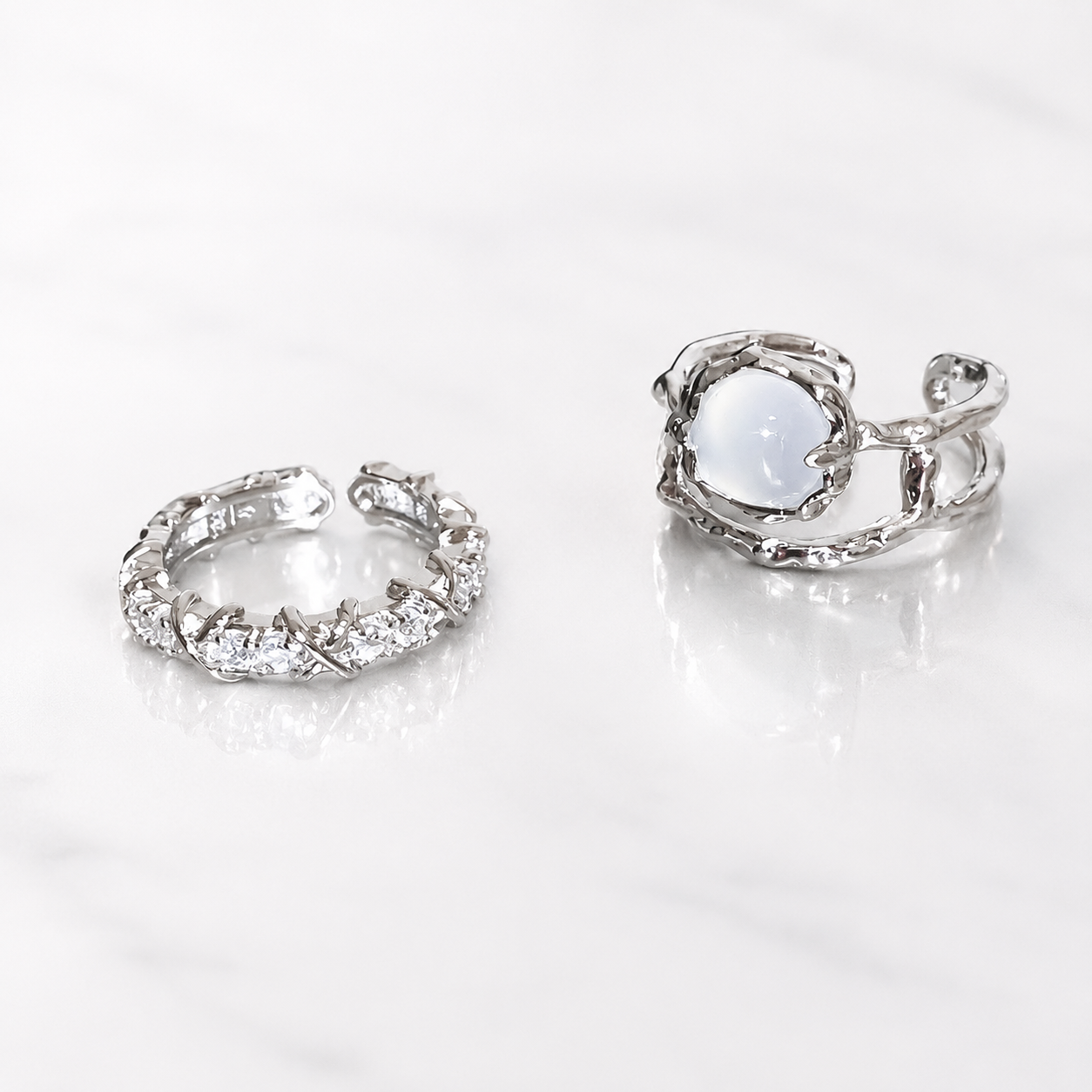 Silver Tone Moonstone Adjustable Ring Set