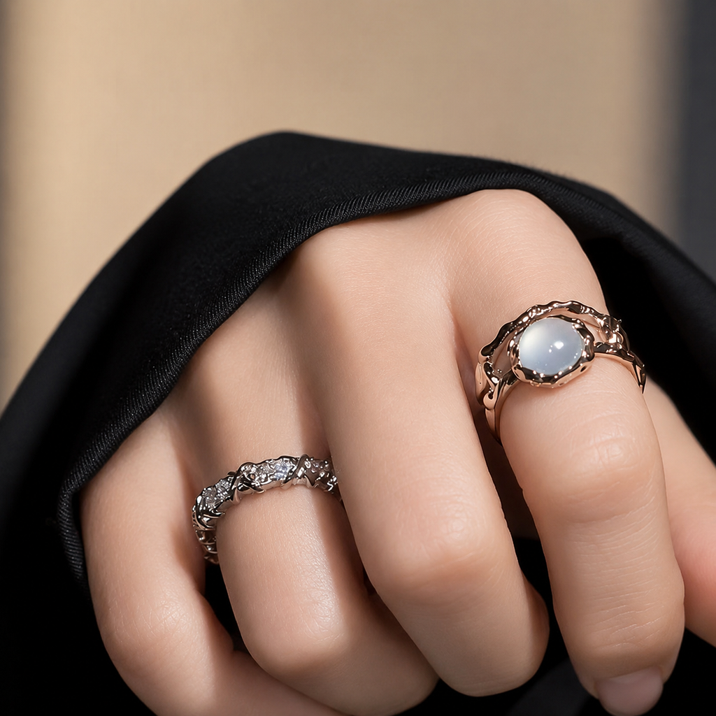 Silver Tone Moonstone Adjustable Ring Set