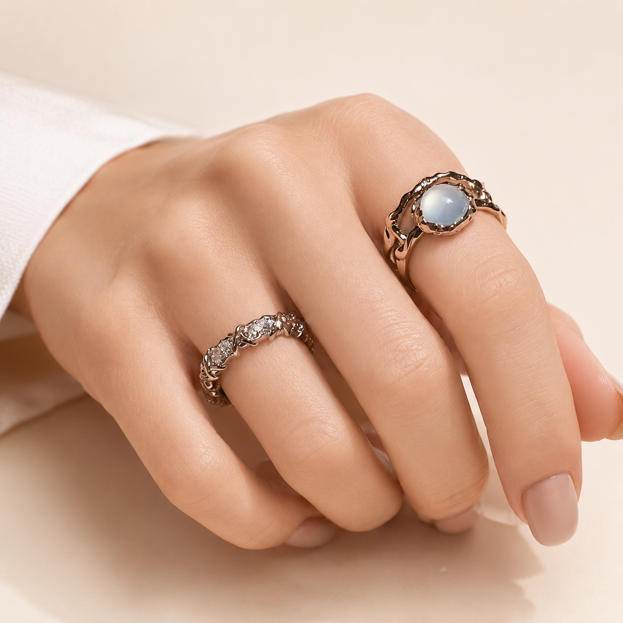 Silver Tone Moonstone Adjustable Ring Set