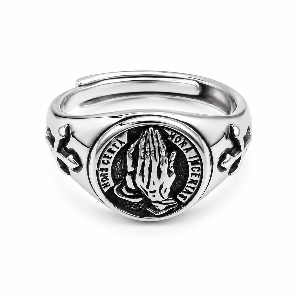 Silver Tone Prayer Hands Adjustable Ring