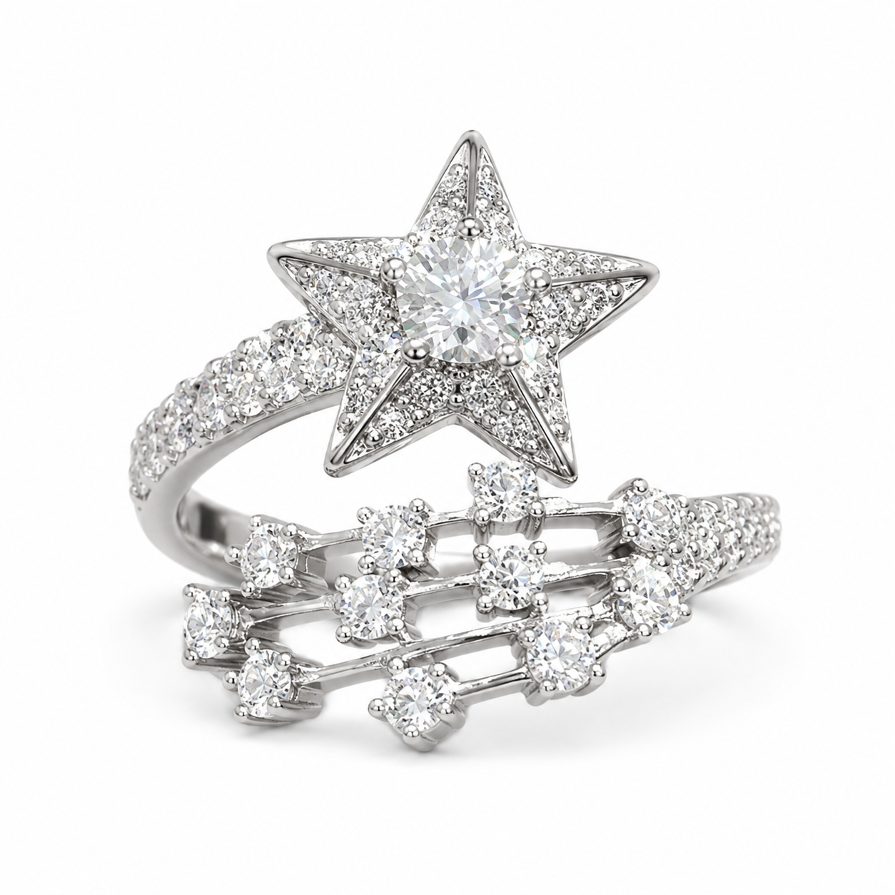 Silver Tone Star CZ Adjustable Open Ring