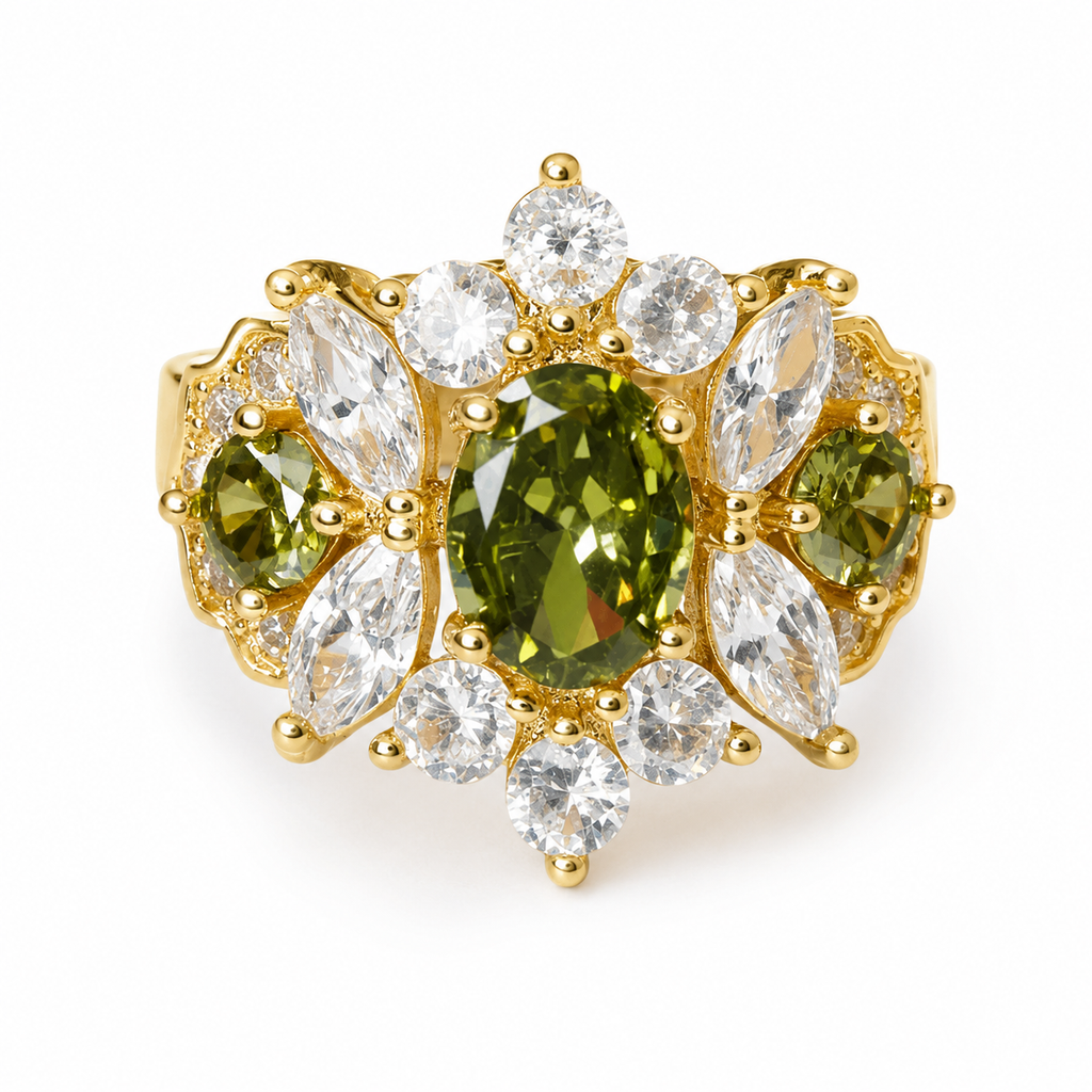 Gold Tone Green CZ Adjustable Statement Ring