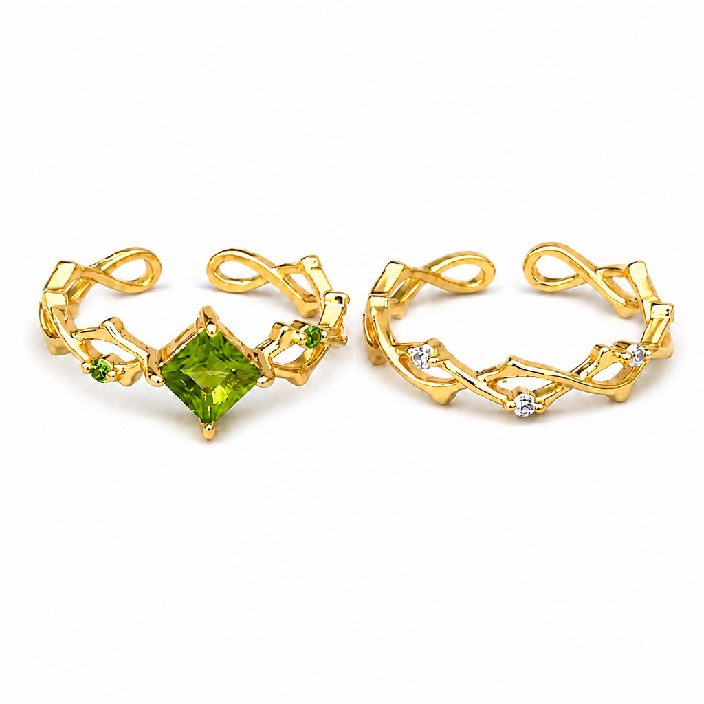 Gold Tone Green CZ Adjustable Ring Set