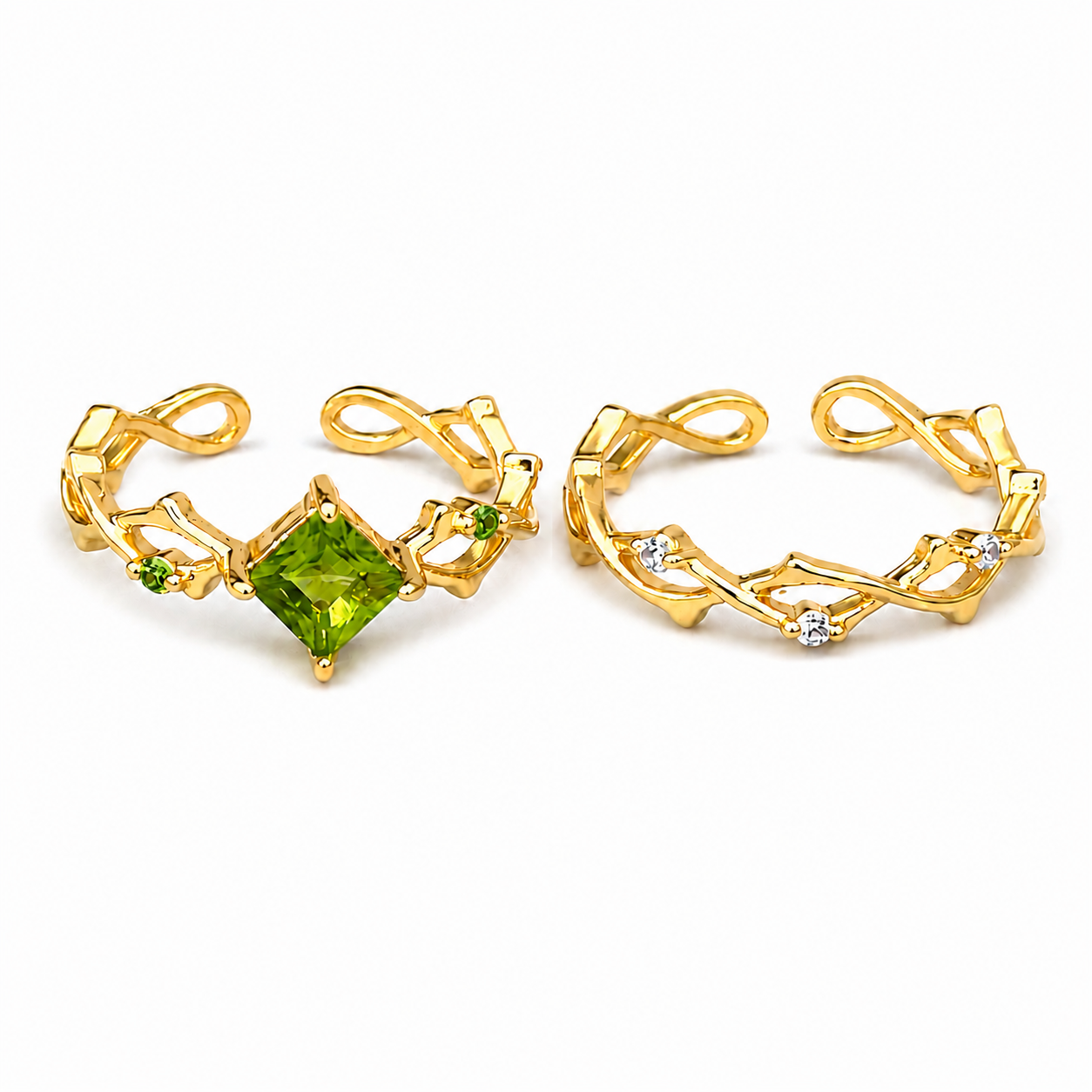 Gold Tone Green CZ Adjustable Ring Set