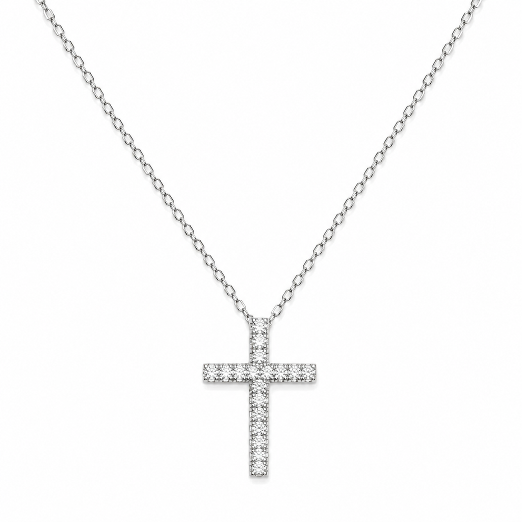 Silver Tone CZ Cross Pendant Necklace