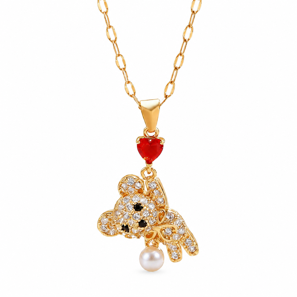 Gold Tone CZ Little Bear Pendant Necklace