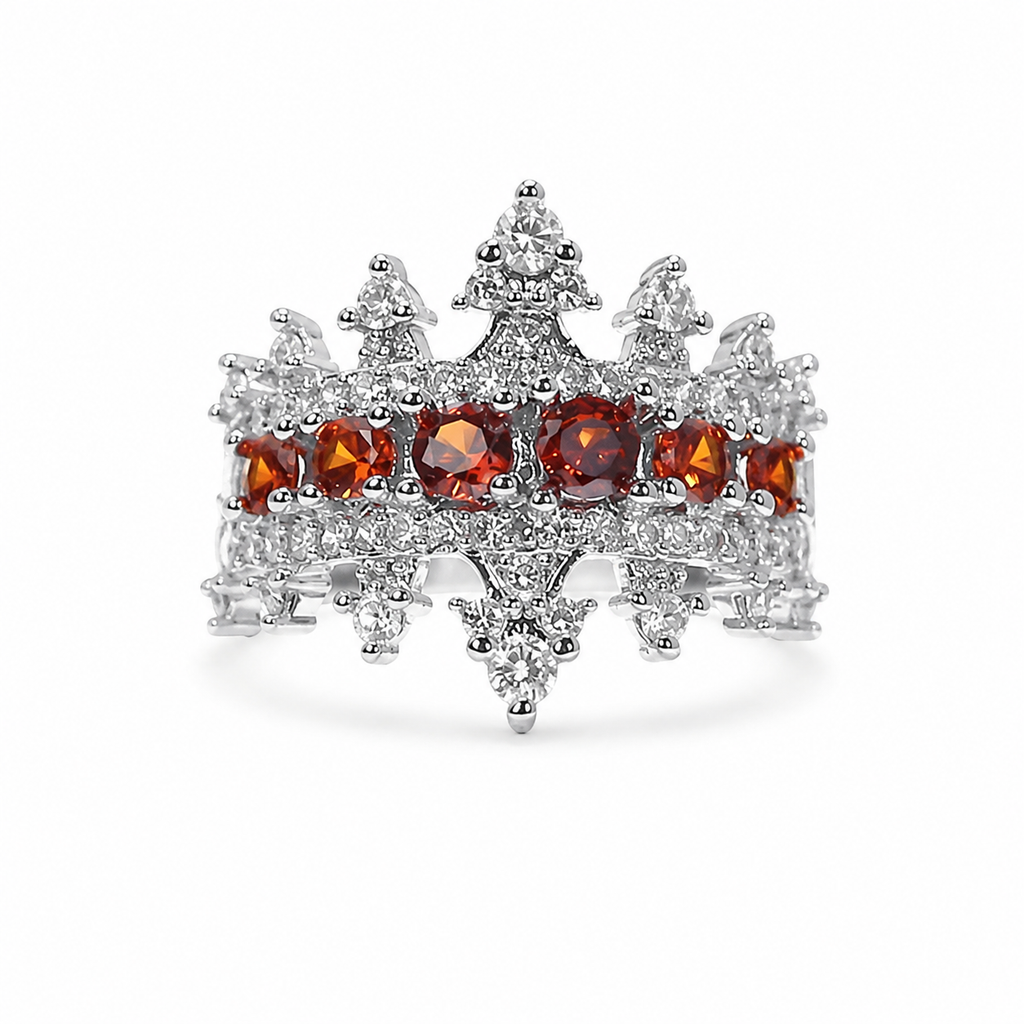 Silver Tone Red CZ Crown Adjustable Open Ring