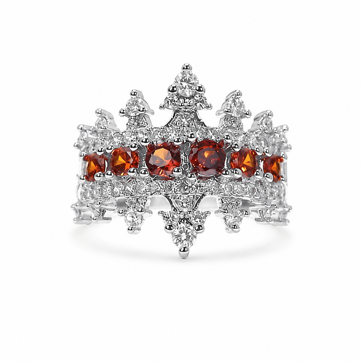 Silver Tone Red CZ Crown Adjustable Open Ring