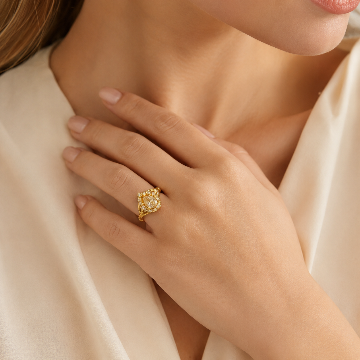 Gold Tone Teardrop CZ Adjustable Open Ring