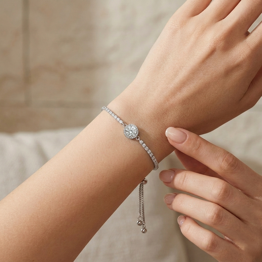 Silver Tone CZ Adjustable Slider Bracelet