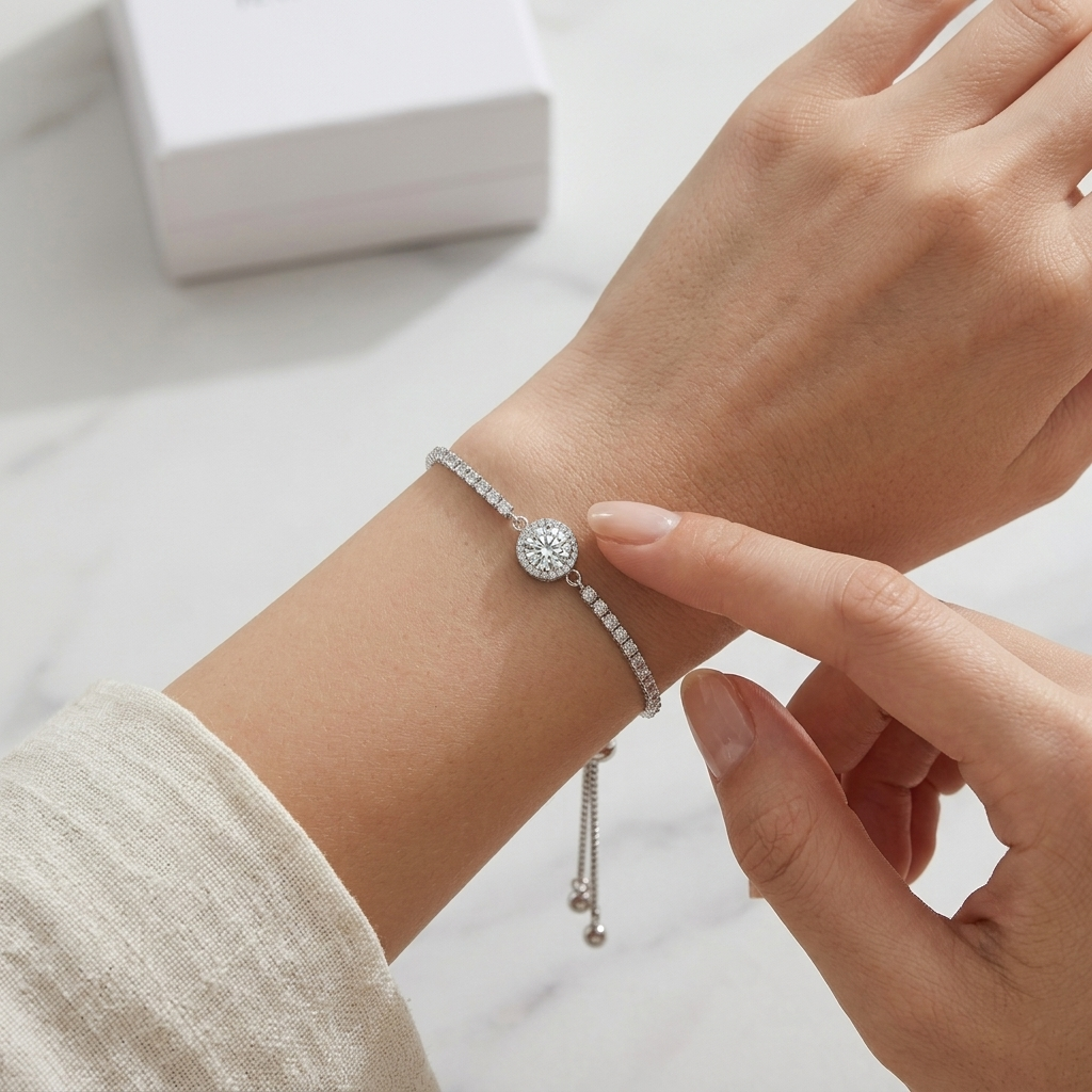 Silver Tone CZ Adjustable Slider Bracelet