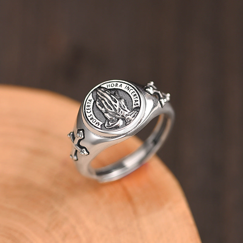 Silver Tone Prayer Hands Adjustable Ring