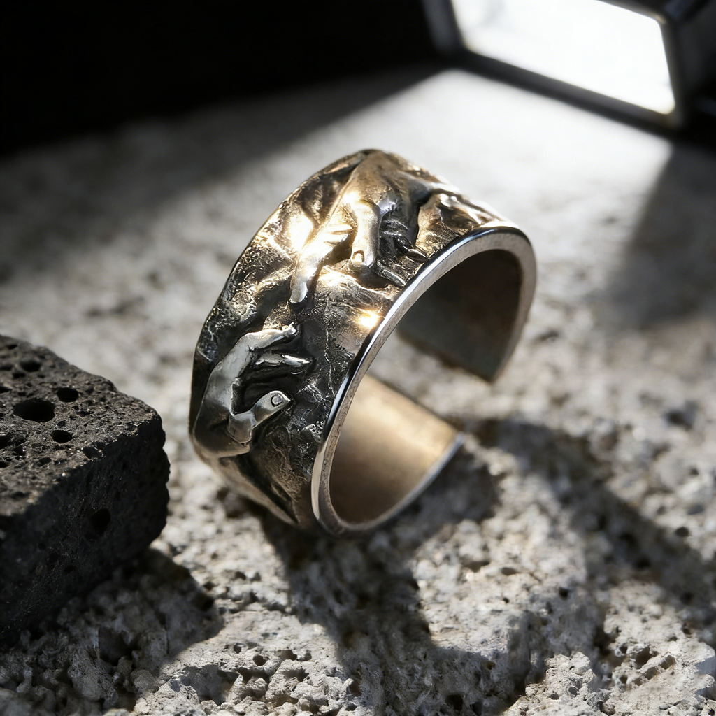 Silver Plated Creation of Adam Rings Vintage Adam Genesis Ring Religious God Giving Life Ring