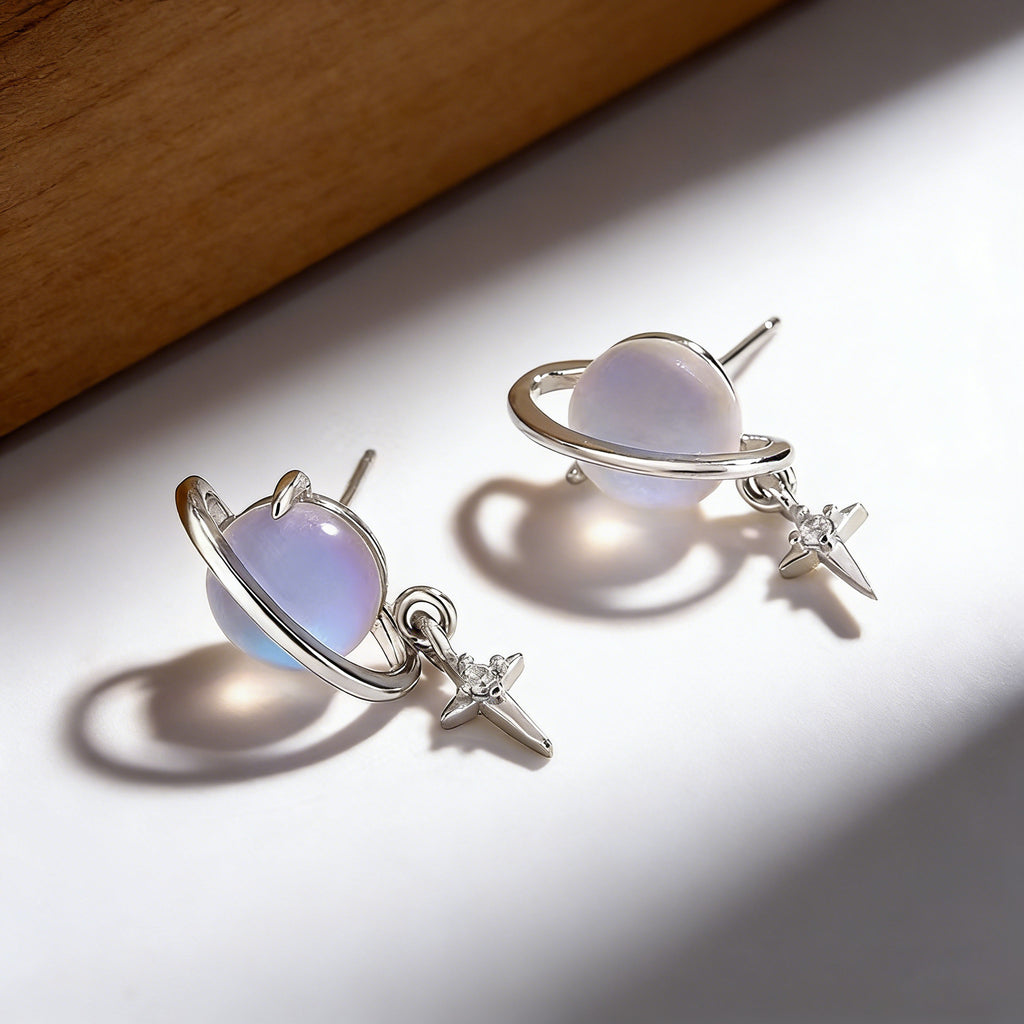 Silver Plated Saturn Stud Earrings for Women Moonstone Saturn Planet Earrings Celestial Earring